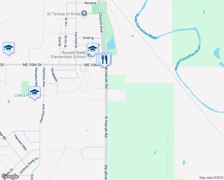 map of restaurants, bars, coffee shops, grocery stores, and more near 880 North Harrah Road in Harrah