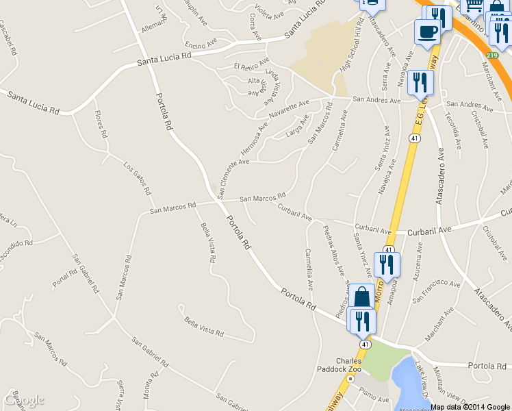 map of restaurants, bars, coffee shops, grocery stores, and more near 8335 San Marcos Road in Atascadero
