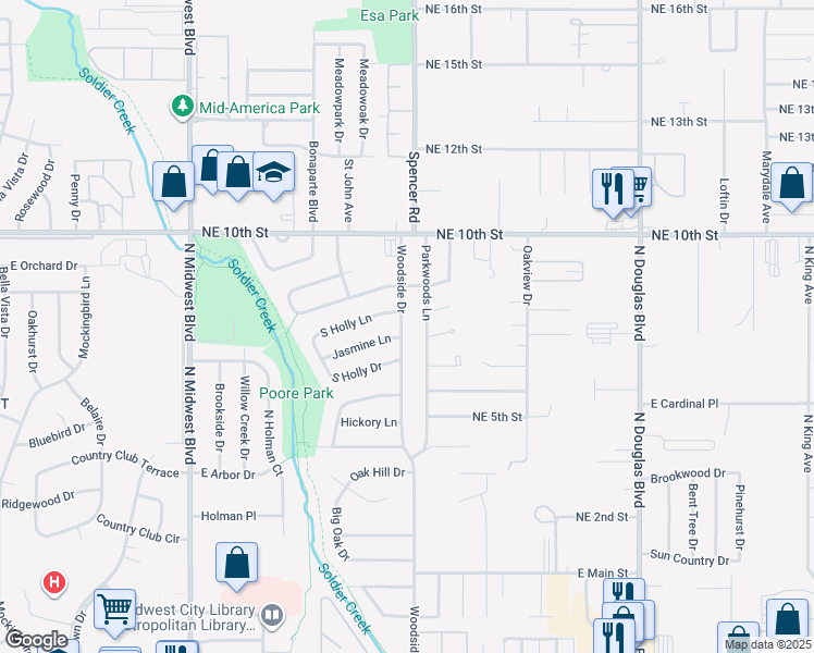 map of restaurants, bars, coffee shops, grocery stores, and more near 3804 Woodside Drive in Midwest City
