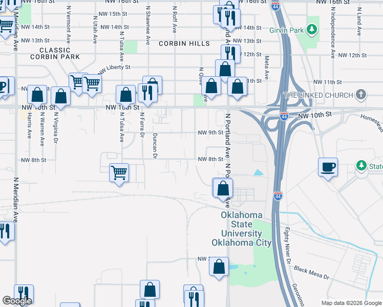 map of restaurants, bars, coffee shops, grocery stores, and more near 3820 Northwest 8th Street in Oklahoma City