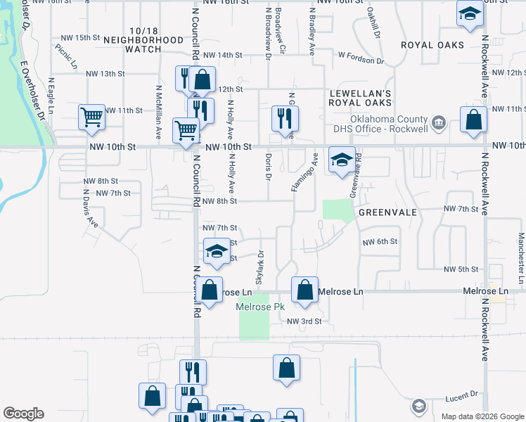 map of restaurants, bars, coffee shops, grocery stores, and more near 708 Skylark Drive in Oklahoma City