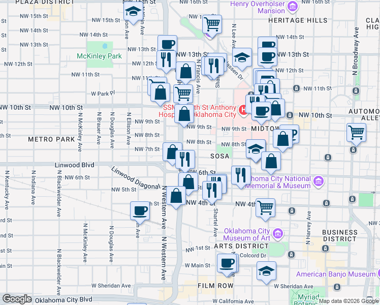 map of restaurants, bars, coffee shops, grocery stores, and more near 901 Northwest 7th Street in Oklahoma City