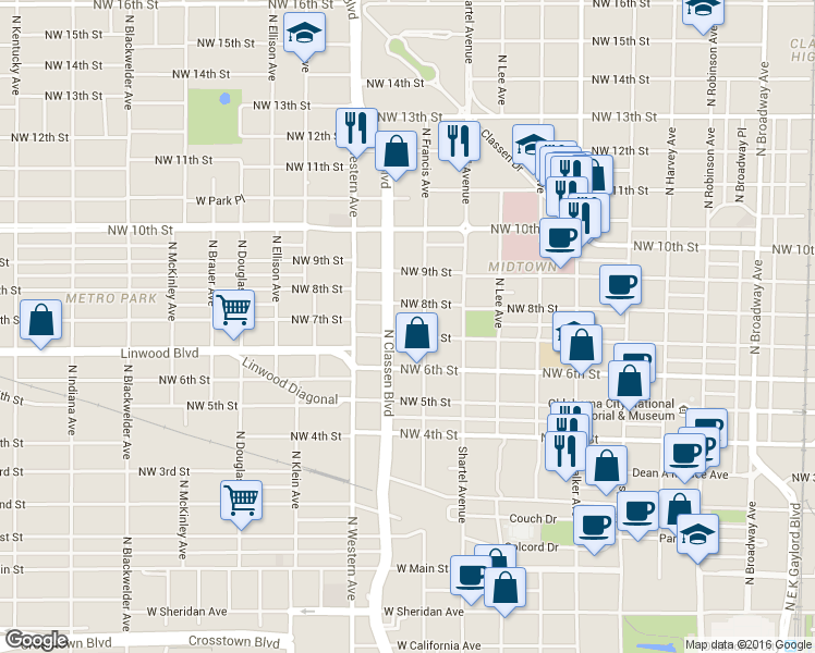 map of restaurants, bars, coffee shops, grocery stores, and more near 931 Northwest 7th Street in Oklahoma City