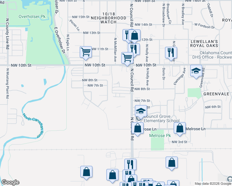 map of restaurants, bars, coffee shops, grocery stores, and more near 8008 Northwest 7th Place in Oklahoma City