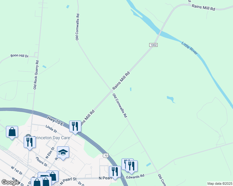 map of restaurants, bars, coffee shops, grocery stores, and more near 1055 Old Cornwallis Road in Princeton