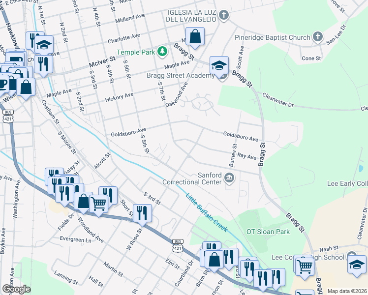 map of restaurants, bars, coffee shops, grocery stores, and more near 411 E Rose St in Sanford