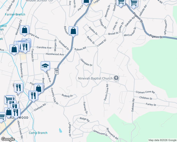 map of restaurants, bars, coffee shops, grocery stores, and more near 89 Meadowood Lane in Waynesville
