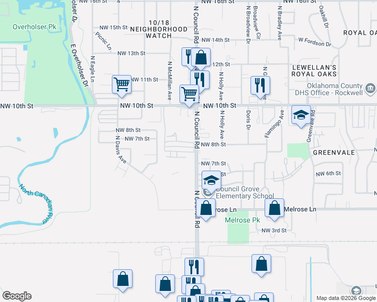 map of restaurants, bars, coffee shops, grocery stores, and more near 8001 Northwest 7th Place in Oklahoma City