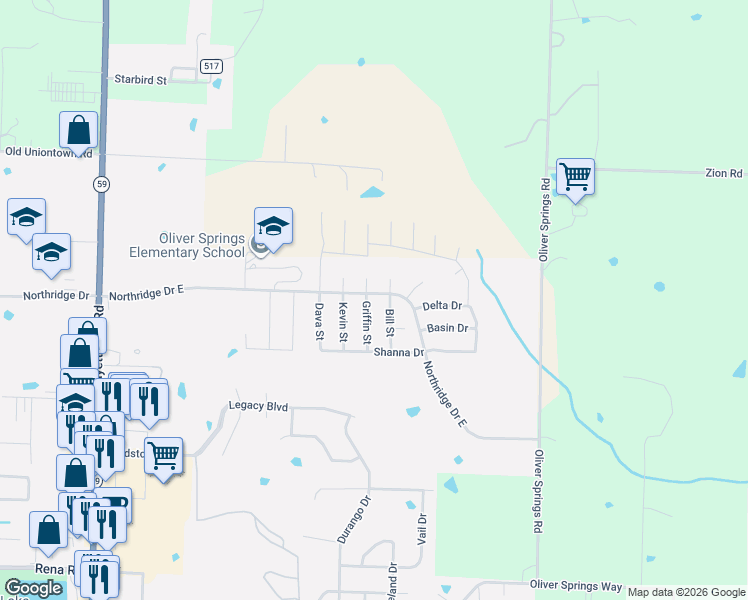 map of restaurants, bars, coffee shops, grocery stores, and more near 2511 Bill Street in Van Buren