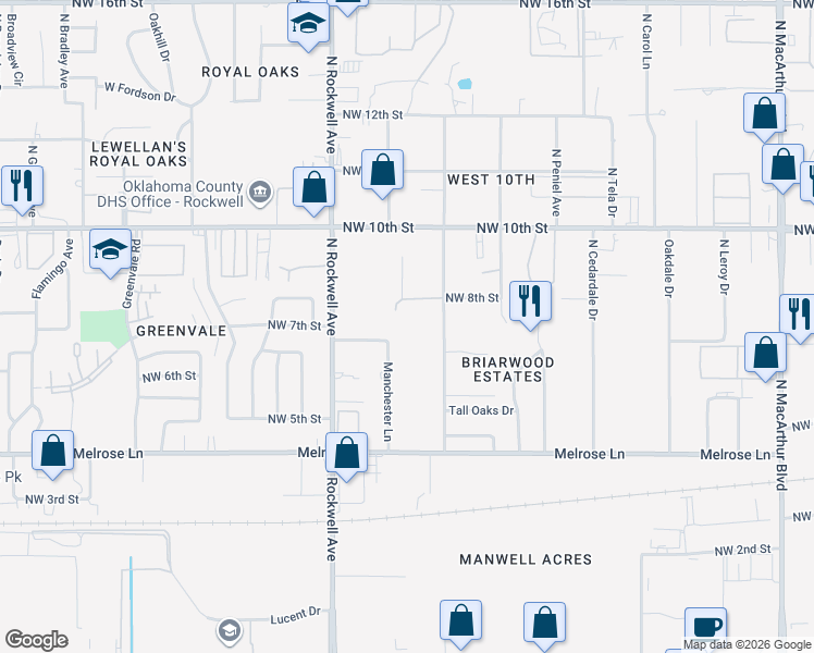 map of restaurants, bars, coffee shops, grocery stores, and more near 823 North Chisholm Road in Oklahoma City