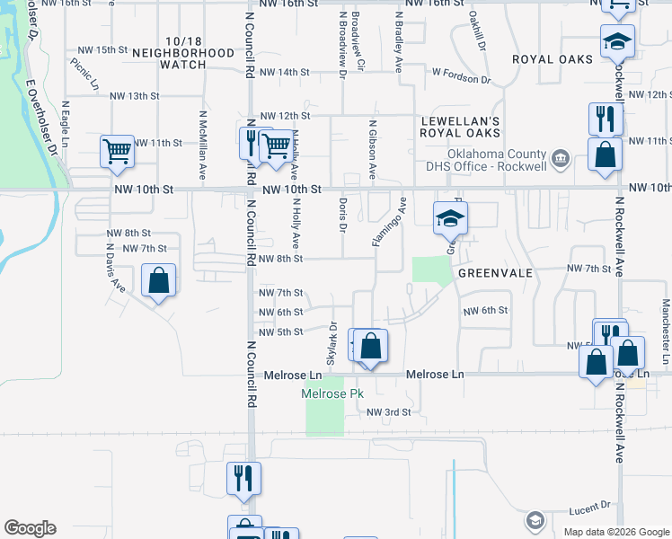 map of restaurants, bars, coffee shops, grocery stores, and more near 708 Skylark Drive in Oklahoma City
