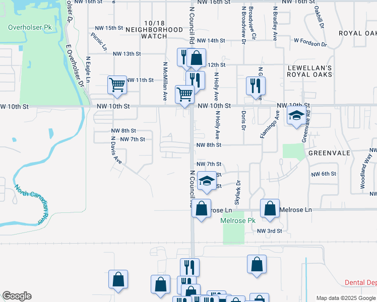 map of restaurants, bars, coffee shops, grocery stores, and more near 8001 Northwest 7th Place in Oklahoma City