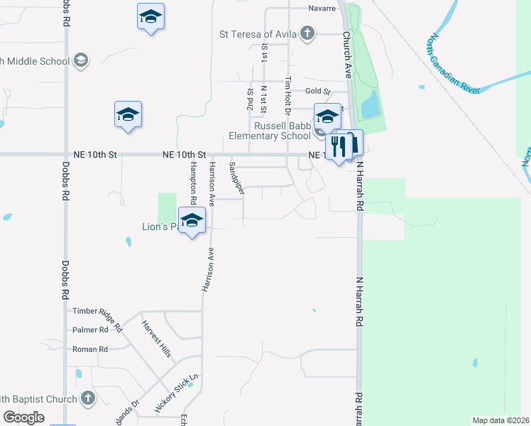 map of restaurants, bars, coffee shops, grocery stores, and more near 20608 Brush Creek Boulevard in Harrah
