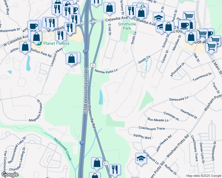 map of restaurants, bars, coffee shops, grocery stores, and more near 19840 Lacebark Drive in Cornelius