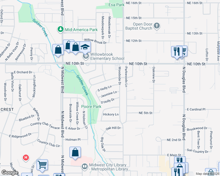 map of restaurants, bars, coffee shops, grocery stores, and more near 1032 Jasmine Lane in Midwest City