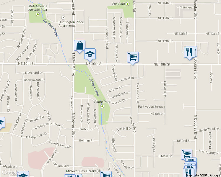 map of restaurants, bars, coffee shops, grocery stores, and more near 1005 Holly Ln in Midwest City