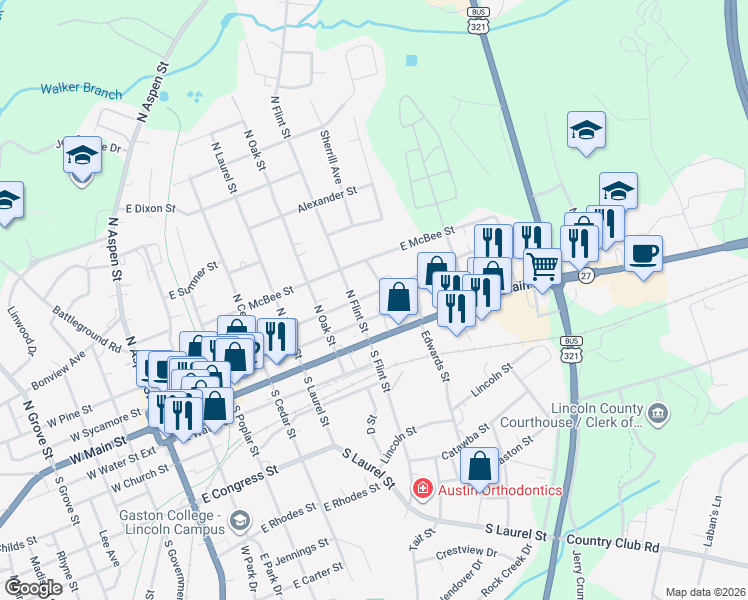 map of restaurants, bars, coffee shops, grocery stores, and more near 723 North Carolina 27 in Lincolnton