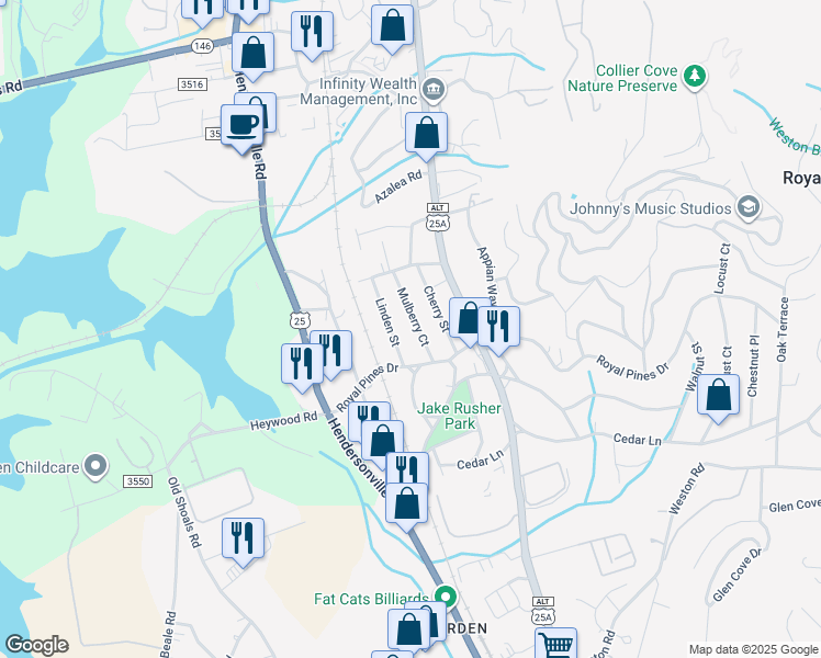 map of restaurants, bars, coffee shops, grocery stores, and more near 76 Mulberry Court in Arden
