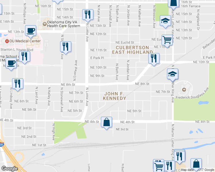 map of restaurants, bars, coffee shops, grocery stores, and more near 1425 Northeast 7th Street in Oklahoma City