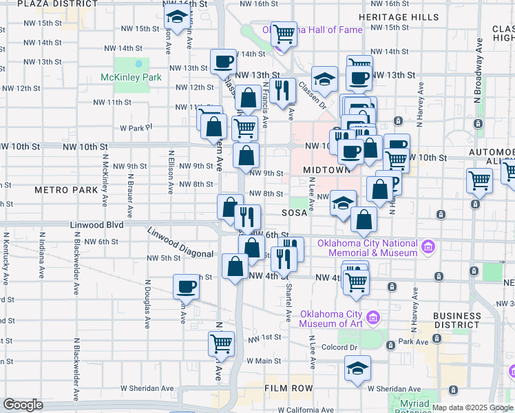map of restaurants, bars, coffee shops, grocery stores, and more near 832 Northwest 7th Street in Oklahoma City