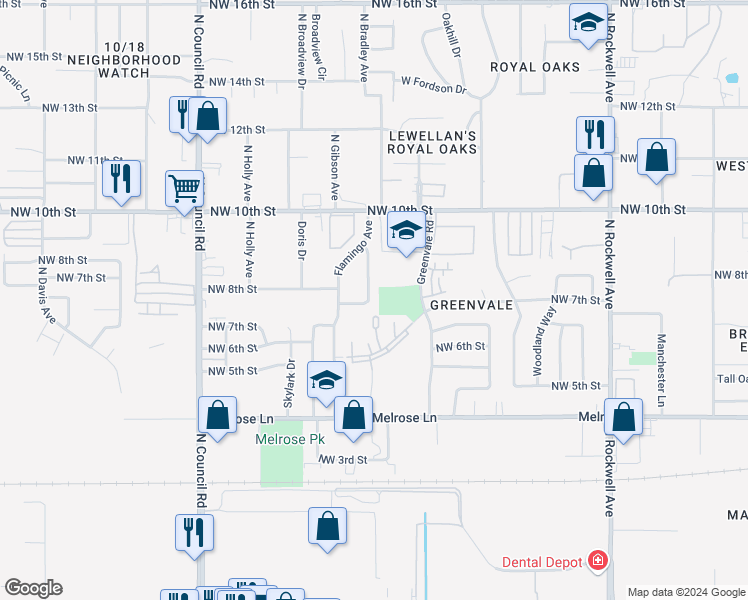map of restaurants, bars, coffee shops, grocery stores, and more near 7611 Northwest 6th Street in Oklahoma City