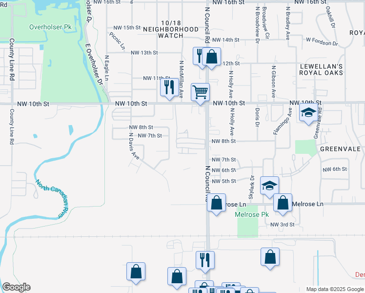 map of restaurants, bars, coffee shops, grocery stores, and more near 701 North Council Road in Oklahoma City