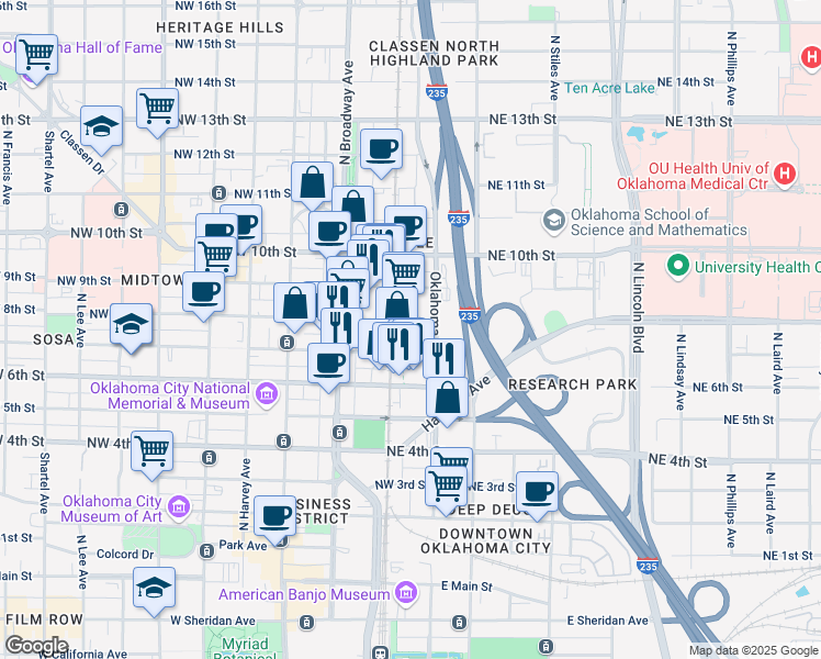 map of restaurants, bars, coffee shops, grocery stores, and more near 1 Northeast 7th Street in Oklahoma City