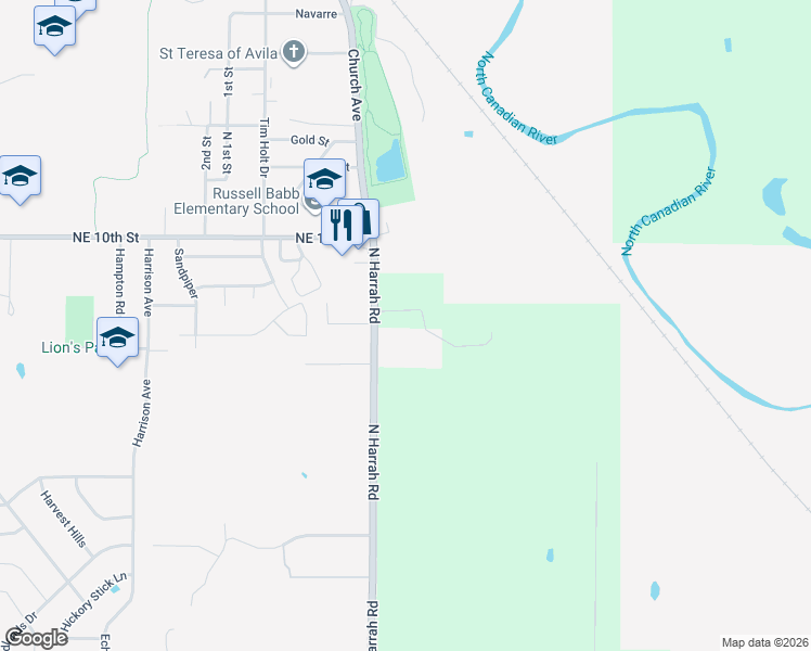 map of restaurants, bars, coffee shops, grocery stores, and more near 880 North Harrah Road in Harrah