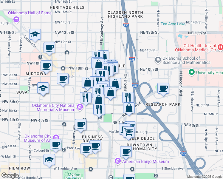 map of restaurants, bars, coffee shops, grocery stores, and more near 1 Northeast 7th Street in Oklahoma City