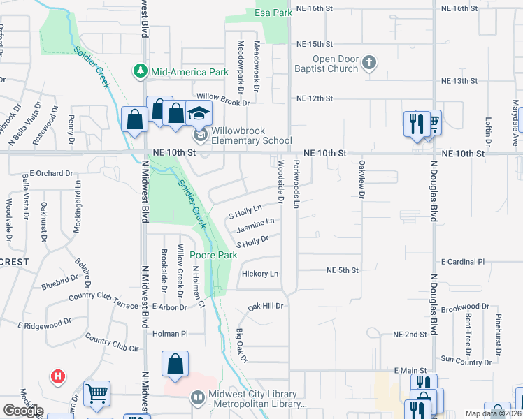 map of restaurants, bars, coffee shops, grocery stores, and more near 1038 South Holly Lane in Midwest City