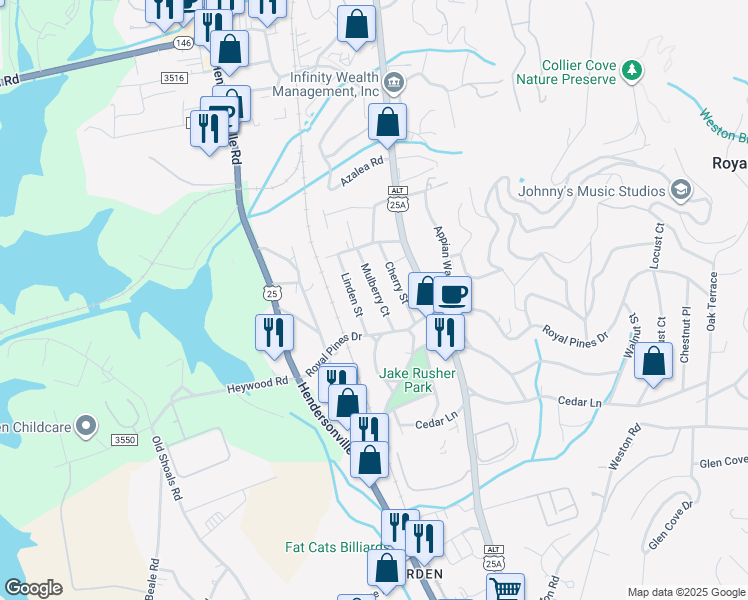 map of restaurants, bars, coffee shops, grocery stores, and more near 76 Mulberry Court in Arden