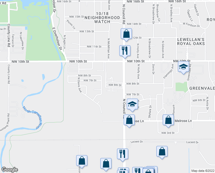 map of restaurants, bars, coffee shops, grocery stores, and more near 701 North Council Road in Oklahoma City