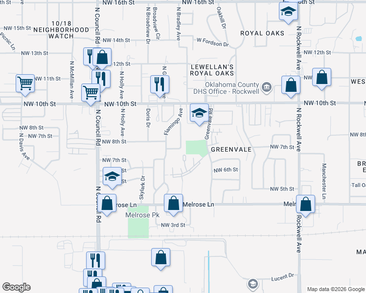 map of restaurants, bars, coffee shops, grocery stores, and more near 7611 Northwest 6th Street in Oklahoma City