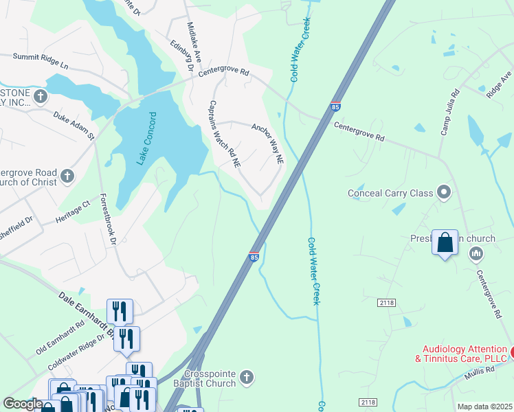 map of restaurants, bars, coffee shops, grocery stores, and more near 2688 Captains Watch Road Northeast in Kannapolis