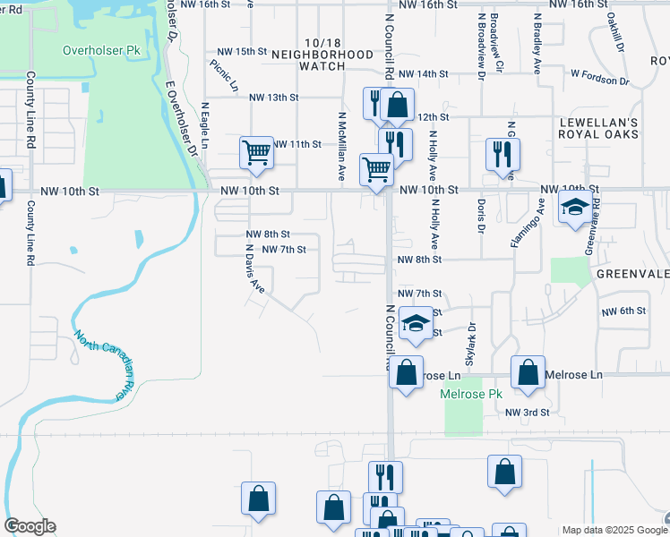 map of restaurants, bars, coffee shops, grocery stores, and more near 8009 Northwest 8th Street in Oklahoma City