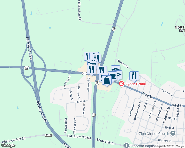 map of restaurants, bars, coffee shops, grocery stores, and more near 120 North Carolina 102 in Ayden