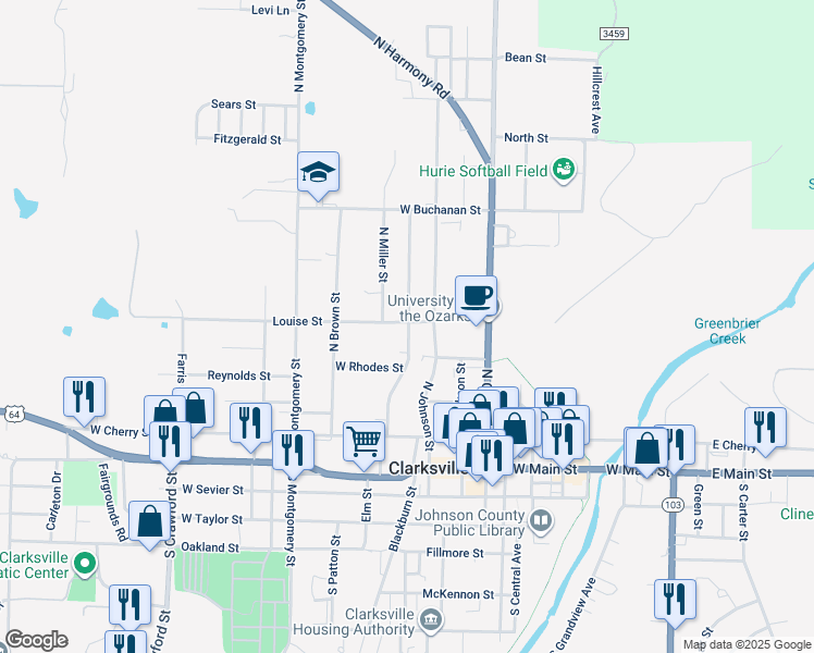 map of restaurants, bars, coffee shops, grocery stores, and more near 608 Louise Street in Clarksville