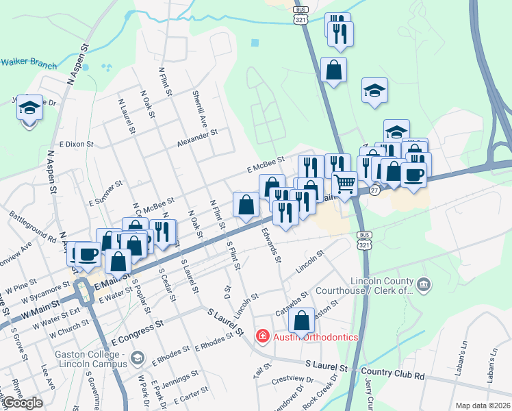 map of restaurants, bars, coffee shops, grocery stores, and more near 819 Edwards Street in Lincolnton