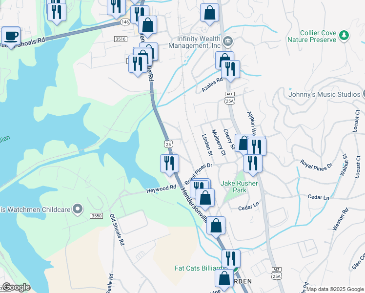 map of restaurants, bars, coffee shops, grocery stores, and more near 34 Blake Court in Arden