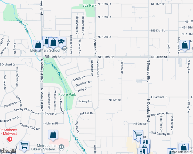 map of restaurants, bars, coffee shops, grocery stores, and more near 3908 Woodside Drive in Midwest City