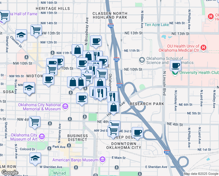 map of restaurants, bars, coffee shops, grocery stores, and more near 847 North Oklahoma Avenue in Oklahoma City