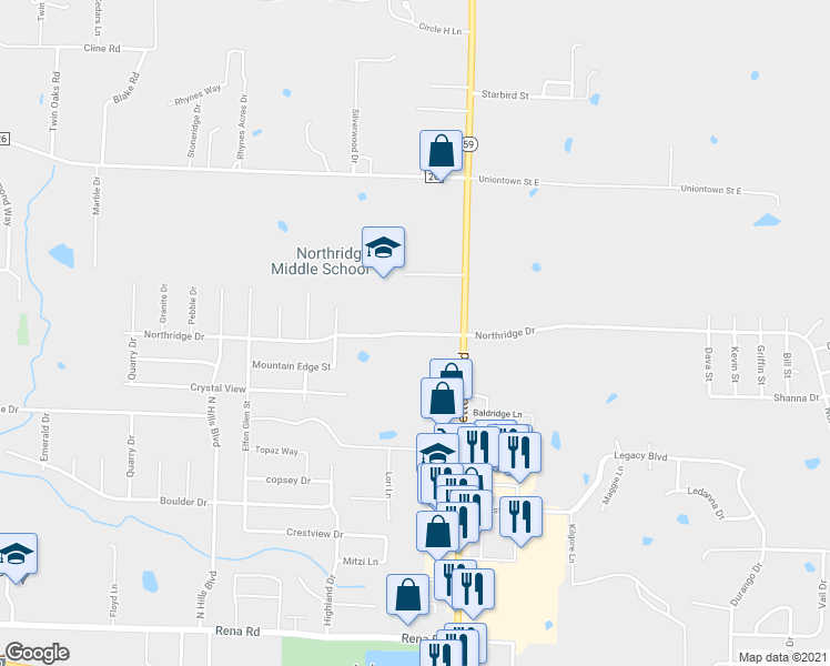 map of restaurants, bars, coffee shops, grocery stores, and more near 460 Northridge Drive in Van Buren