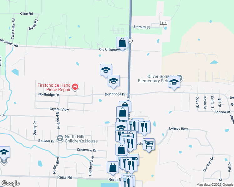 map of restaurants, bars, coffee shops, grocery stores, and more near 120 Northridge Drive in Van Buren