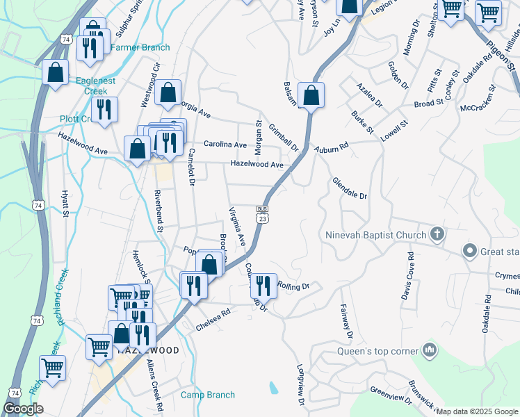 map of restaurants, bars, coffee shops, grocery stores, and more near 1102 South Main Street in Waynesville