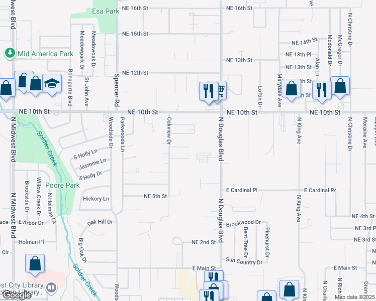 map of restaurants, bars, coffee shops, grocery stores, and more near 8825 Oakridge Drive in Midwest City