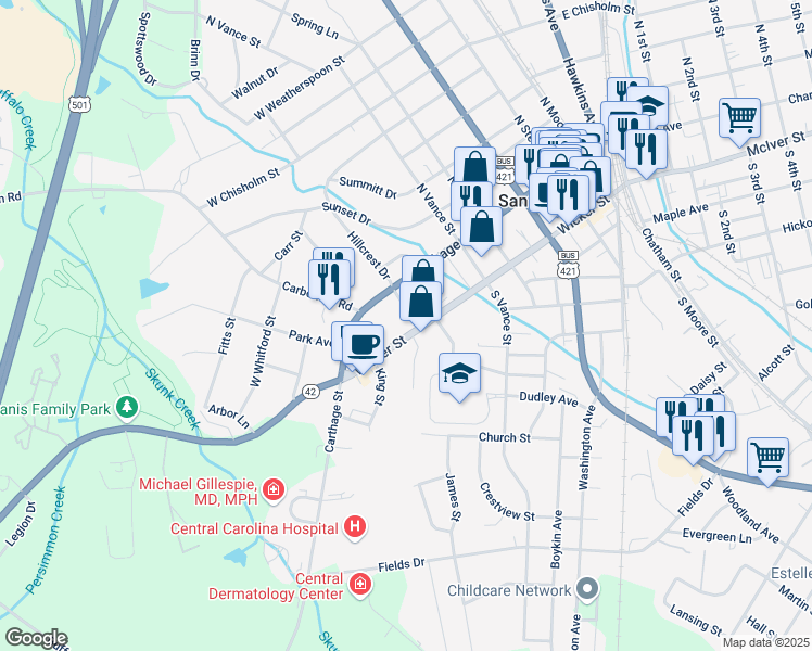 map of restaurants, bars, coffee shops, grocery stores, and more near 604 Wicker Street in Sanford