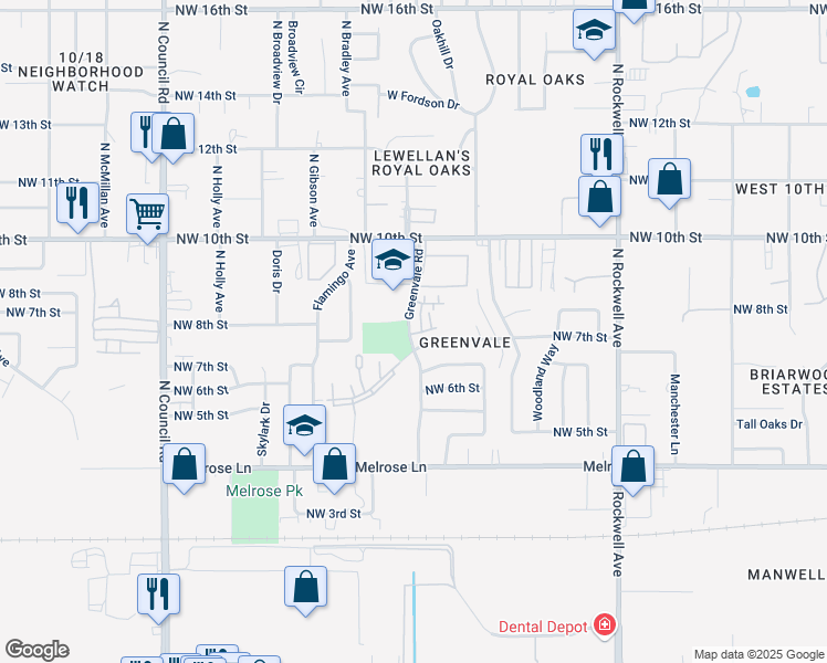 map of restaurants, bars, coffee shops, grocery stores, and more near 852 Greenvale Road in Oklahoma City