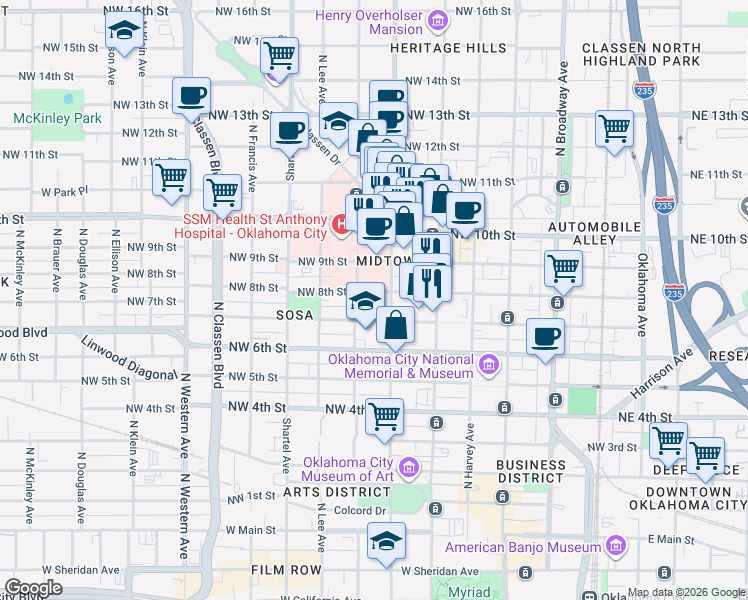 map of restaurants, bars, coffee shops, grocery stores, and more near 525 Northwest 8th Street in Oklahoma City