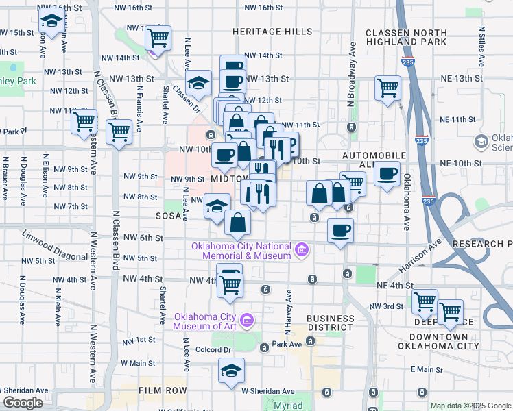 map of restaurants, bars, coffee shops, grocery stores, and more near 411 Northwest 8th Street in Oklahoma City