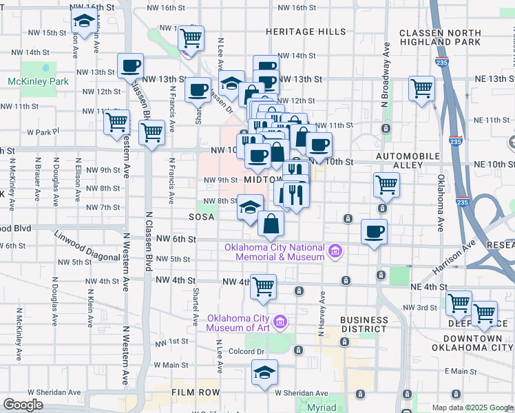 map of restaurants, bars, coffee shops, grocery stores, and more near 525 Northwest 8th Street in Oklahoma City